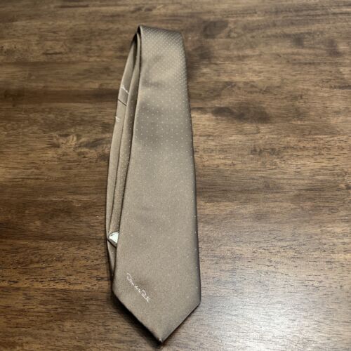 Oscar De La Renta Silk Tie Tan Embroidered Signature Logo