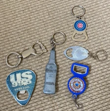 BEER BOTTLE OPENER KEY-CHAIN LOT 6 VINTAGE GUINNESS & CORONA, CUBS, NEW CASTLE