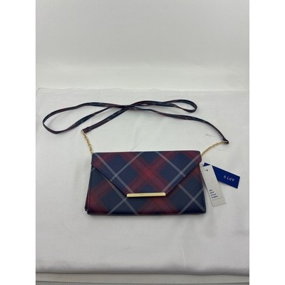 Apt 9 Womens Navy Burgundy Plaid Crossbody Wallet Clutch Bag Gold Tone Hardware
