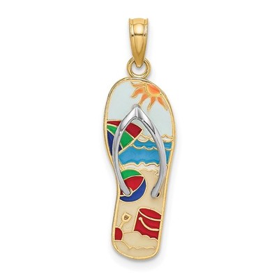 14K Bicolor Gold Mehrfarbig 3D Emaille Strandszene auf Flip-Flop Charm Anhänger