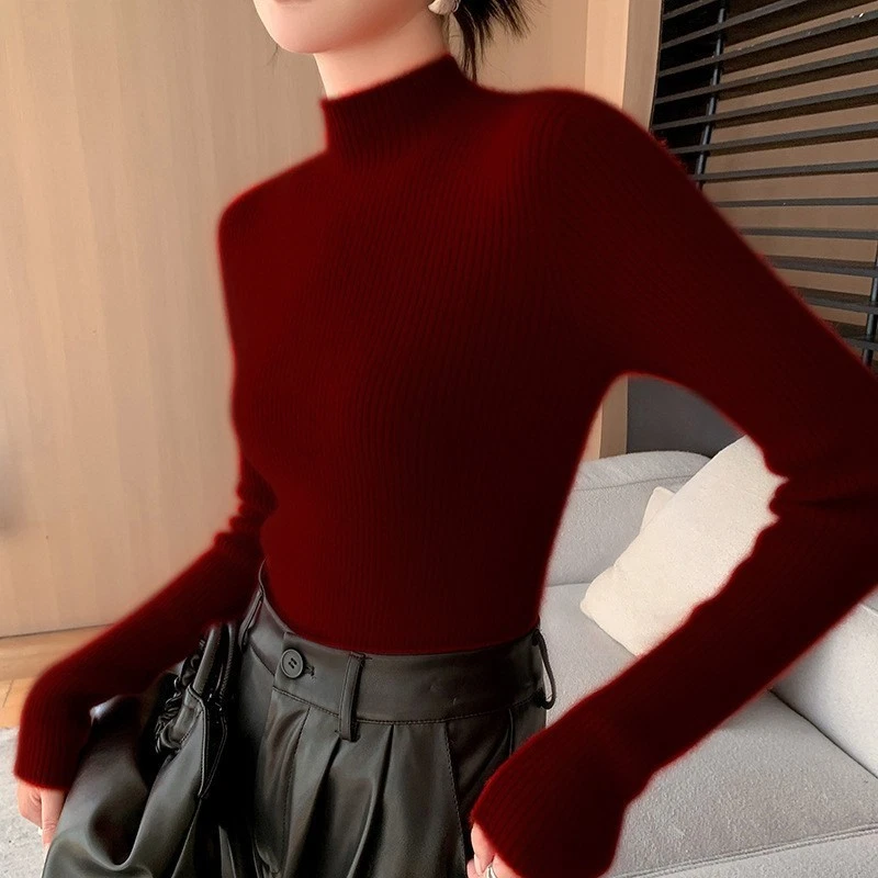 Nuevo suéter pulóver de lana ajustado engrosado de cachemir de cuello alto para mujer Foto 3 de 4