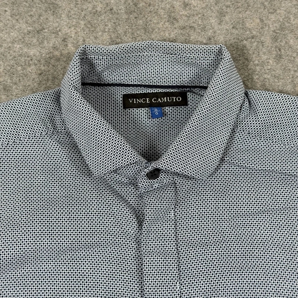 Camisa de vestir Vince Camuto botones ocultos para hombre grande blanca y azul marino moteada Foto 3 de 4