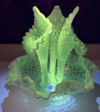 Vintage Fenton Art Glass Green Opalescent Hobnail 3 Horn Epergne GLOWS 9.5”