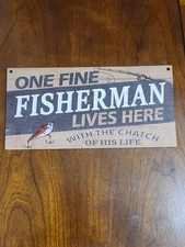One Fine Fisherman Lives Here Wooden Sign Wall Man Cave, Bar, Garage Decor New
