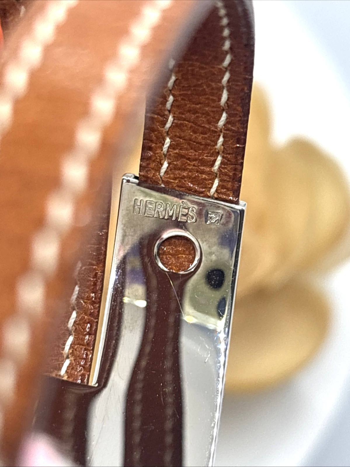 HERMES Pousse Pousse Silver Logo Double Wrap Bracelet Tan Brown Leather RARE image 4