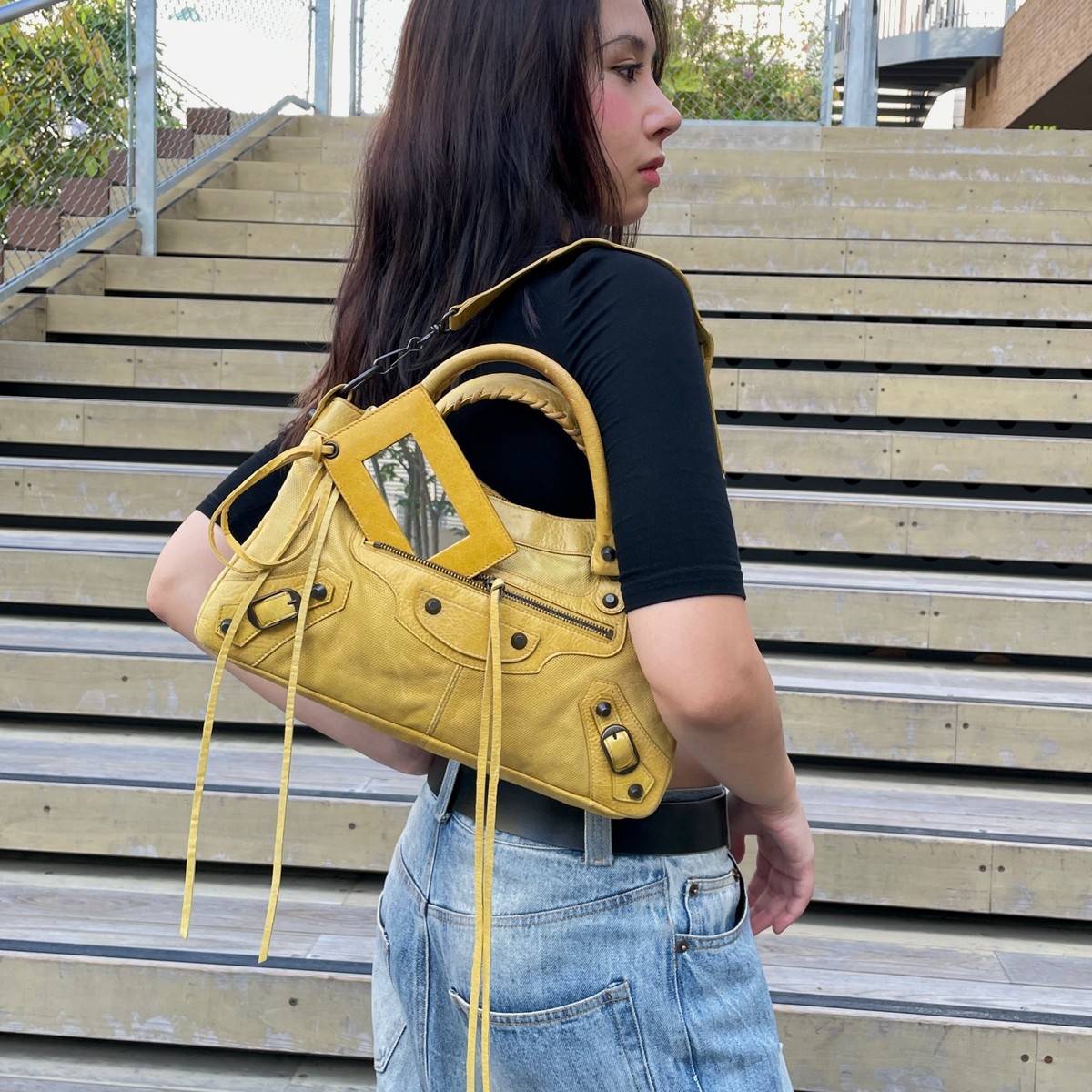 BALENCIAGA イエロー ハンドバッグ RAREAuth Balenciaga Punching Leather Le City First 2Way Hand Bag