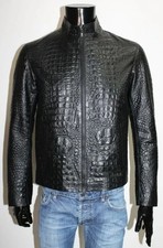 Men's Crocodile Embossed Real Leather Slim Fit Black Alligator Print Biker Jacke