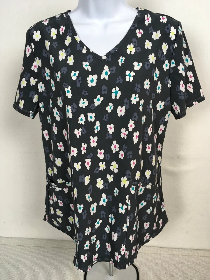 Scrub Star Womens Scrub Top Size S Gray w White Flowers Pockets Short Sleeves - Image 3 of 4