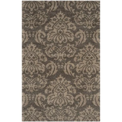 SAFAVIEH Contemporary Damask Floral Plush Shag Area Rug Smoke & Beige Florida