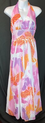 MKM Maxi Halter Dress L Pink/purple Floral Smocked Flowy Coconut Beach Tropical