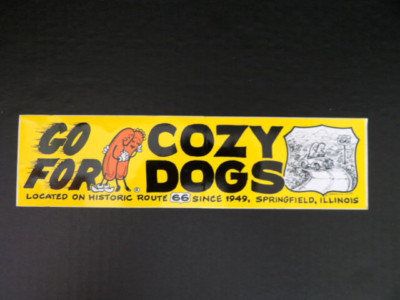 NOS Route 66 FAMOUS Cozy Dog Drive In Bumper Sticker Springfield IL MUST STOP