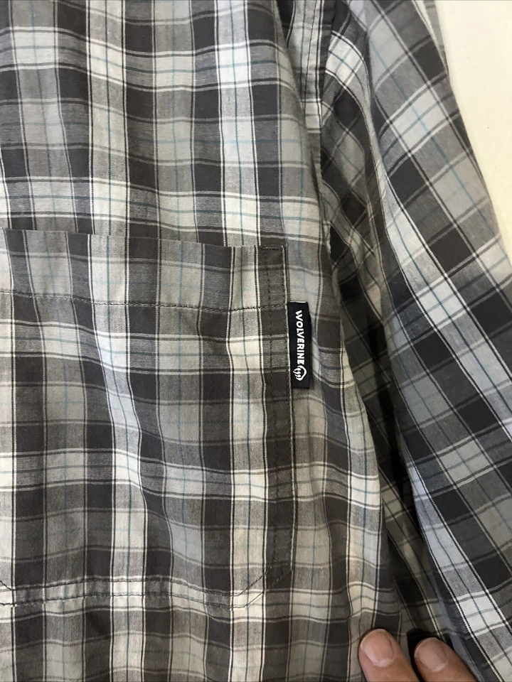 Wolverine Shirt Mens Large Button Workwear Plaid Pocket Black Gray Long Sleeve - Image 2 of 4