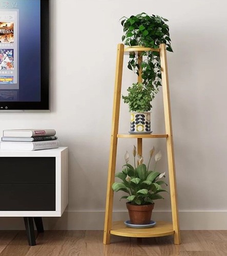 BAMBOO WOODEN SHELF PLANT STAND LADDER ORIGINAL COLOR ROUND TABLE INDOOR OUTDOOR - Picture 4 of 16