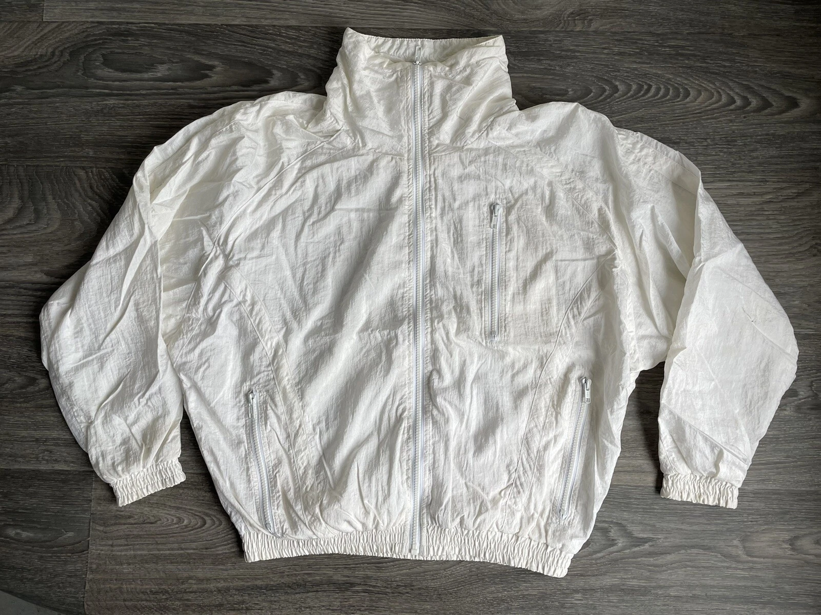 OFF WHITE NIKE WINDBREAKER anni '90 vintage giacca in nylon cerniera intera riscaldamento bianco sporco etichetta grigia uomo M