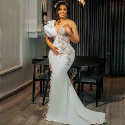Sexy Ivory Mermaid Wedding Dresses for Bride Long Sleeve Side Split Bridal  Gowns | eBay