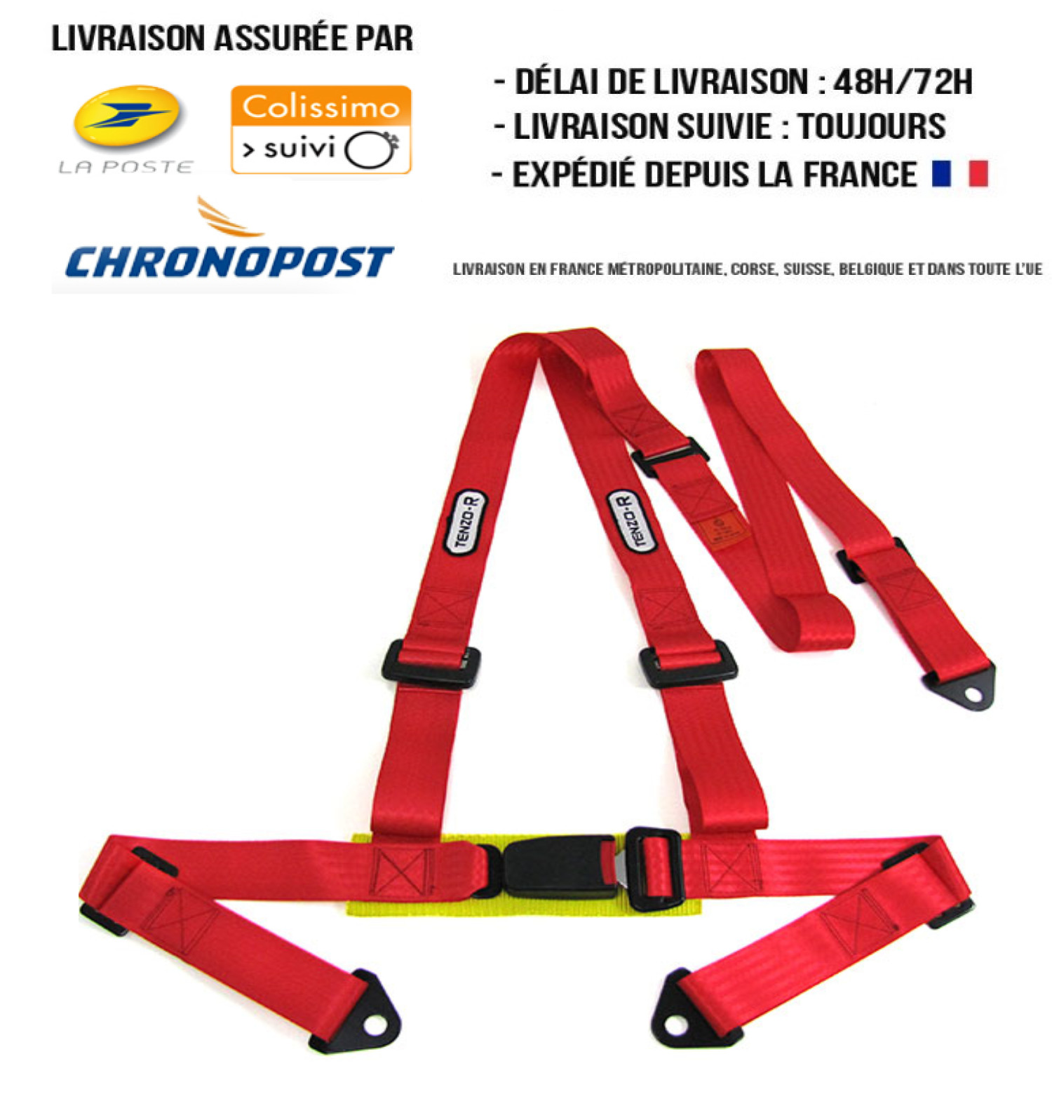 Harnais de ceinture rouge à 3 points Tenzo-R avec boucle rapide pour drift et rallye