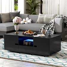 High Gloss Coffee Table Modern Side End Table w/ LED Light & Drawer White/Black