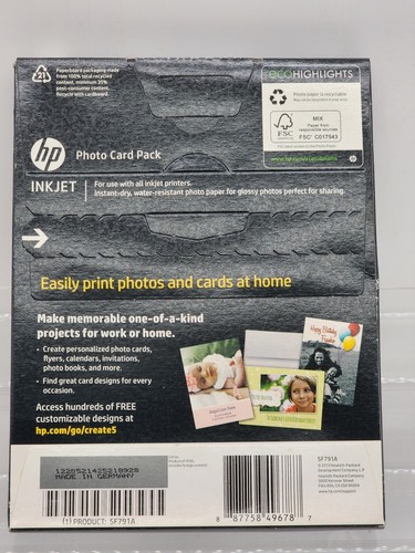 HP Photo Card Pack: 5"x7" Paper/Envelopes (10), 4"x6" Paper (5), SF791A, SEALED - Picture 2 of 2