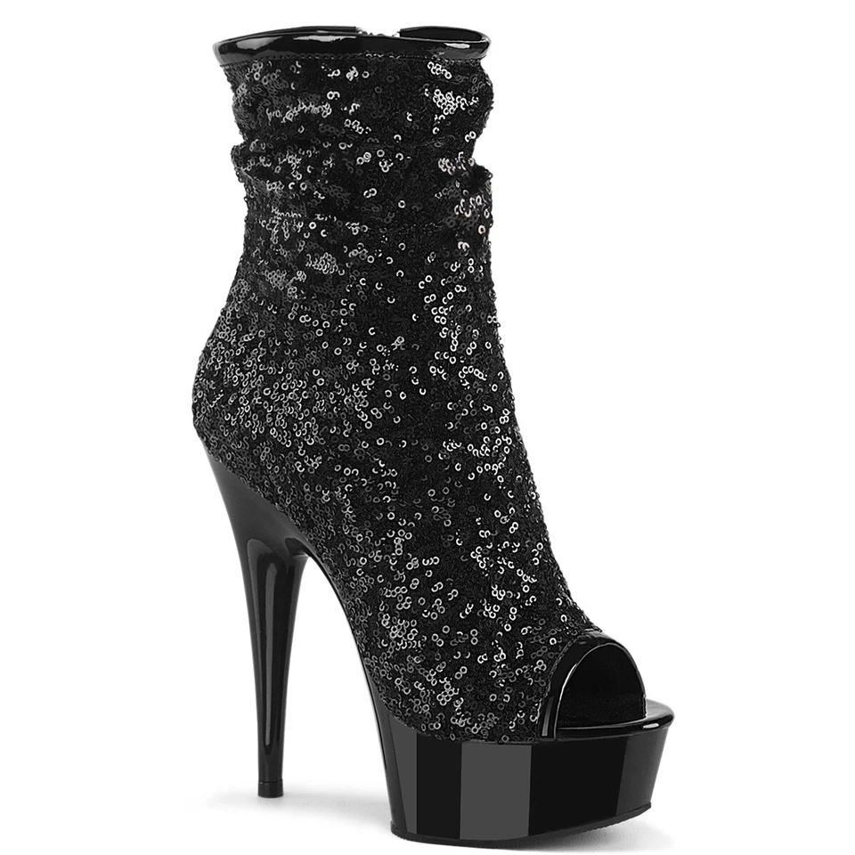 DELIGHT-1008SQ Pleaser High Heels Peep Toe Stiefeletten schwarz mit Pailletten - Bild 1 von 1