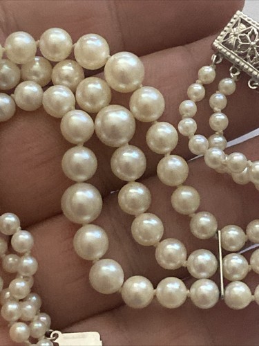 "Pulsera 3 hilos Akoya perlas cultivadas japonesas vintage oro blanco de 7,25"" 14 k" - Imagen 15 de 18