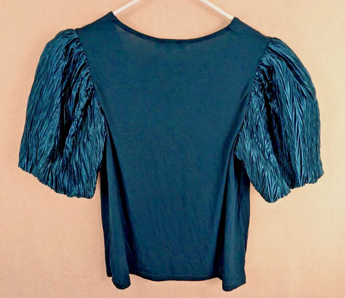 DR2 sz S Puff Sleeve Knit Top blue mixed fabric shirt 1160 DR2 sz S Puff Sleeve Knit Top blue mixed fabric shirt 1160