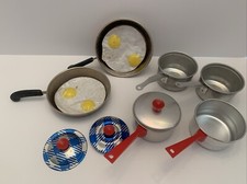 Child  s Vintage Kitchen Pans Aluminum Metal Copper Bottom Japan Faux Eggs READ