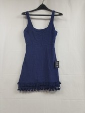 NWT Lulus Linen Blend Tank Blue Dress Womens Small Sleeveless Fringe Hem