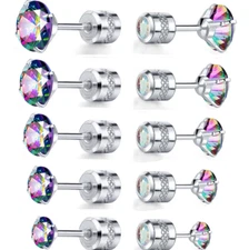 2PCS Silver Stainless Steel Round CZ Screw Back Ear Stud Earrings Men Women