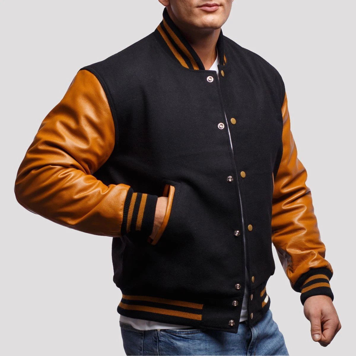 Men's Black Wool Body & Old Gold Leather Sleeves Letterman Bomber Varsity Jacket