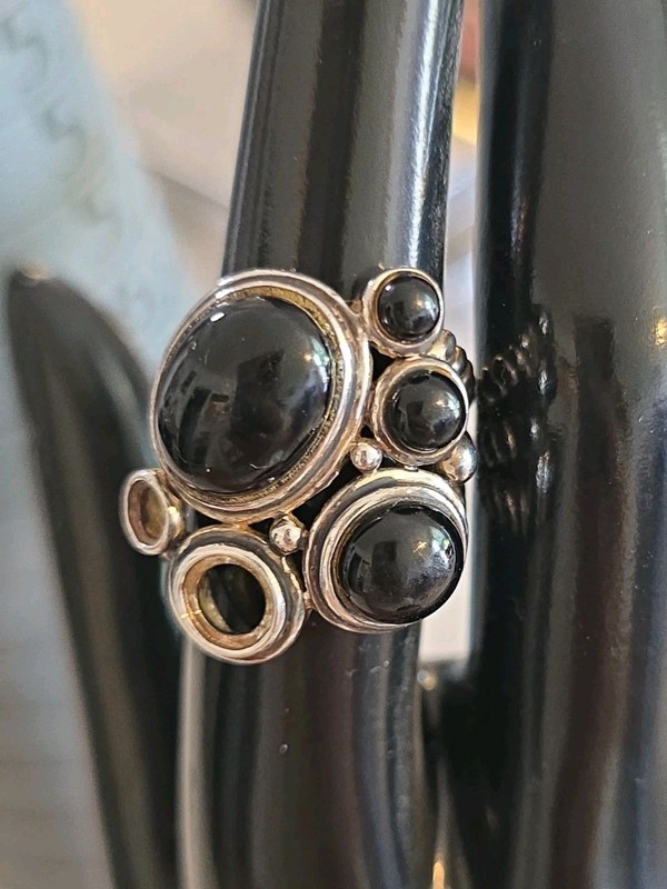 Vintage Artisan Sterling Silver 925 Onyx 6 Stone  Ring  Statement Sz 5 READ