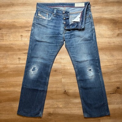 Diesel Larkee Jeans Mens 32x27 Blue Straight Leg Stretch Denim Distressed 084HN