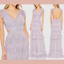 NWT MAC DUGGAL [ 14 ] 9167 Sequined Ruffled Cap Sleeve Cut Out Tiered Gown S1684