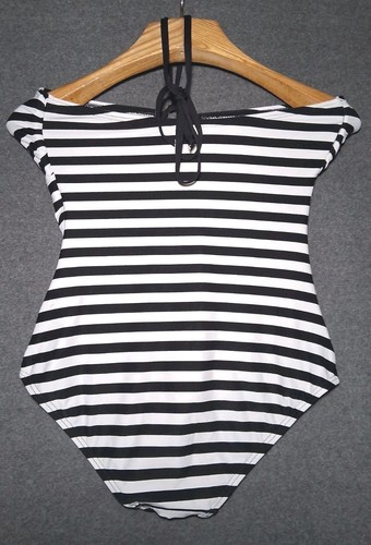 Michael Kors Striped Logo-ring Halter 1pc Swimsuit Black & White Size 12 - Picture 5 of 9