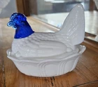 Vintage Fenton Hen On Nest Glass White Milk Glass Body w/ Cobalt Cased Blue Head