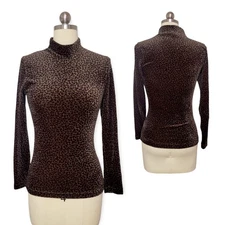 Jumping Joy Medium Velvet Turtleneck Top Brown Leopard Long Sleeve Y2K Retro