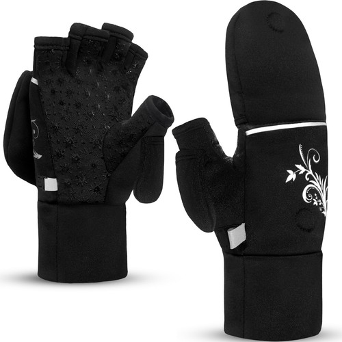 Convertible Running Mittens for Women Cold Weather Fingerless Gloves Warm for...