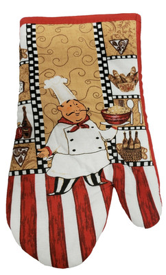 Printed Kitchen Large Oven Mitt (12'') FAT CHEF & VARIOUS FOODS, w/red back, ASM