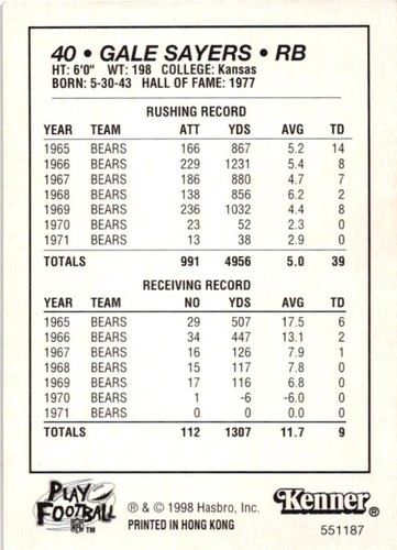 1998 Starting Lineups Legends Card - Gale Sayers Chicago Bears - Picture 2 of 2