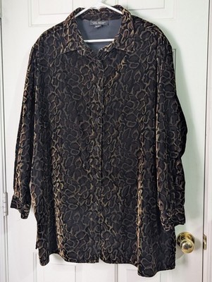 Lane Bryant Velvet Leopard Button Shirt Womens 22/24 Black Brown L/S Lined Tunic