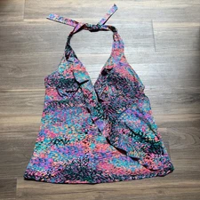 Love Your Assets By Spanx Pink Watercolor Ruffle Tankini Halter Swim Top Large