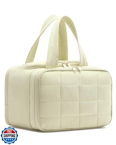 VIROTEE Travel Toiletry Bag, Puffy Wide-open Quilted Makeup Bag for Women,Lig