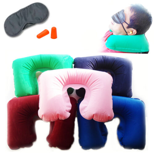 New Travel Pillow Set Neck Support Inflatable Head Rest FREE Sleep Mask+Ear Plug - Afbeelding 1 van 1