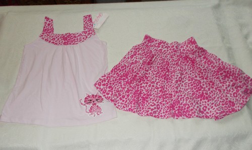 Polly Flinders 2pc Girls light Pink Kitty Tank Top and Leopard Print skirt NWT 7