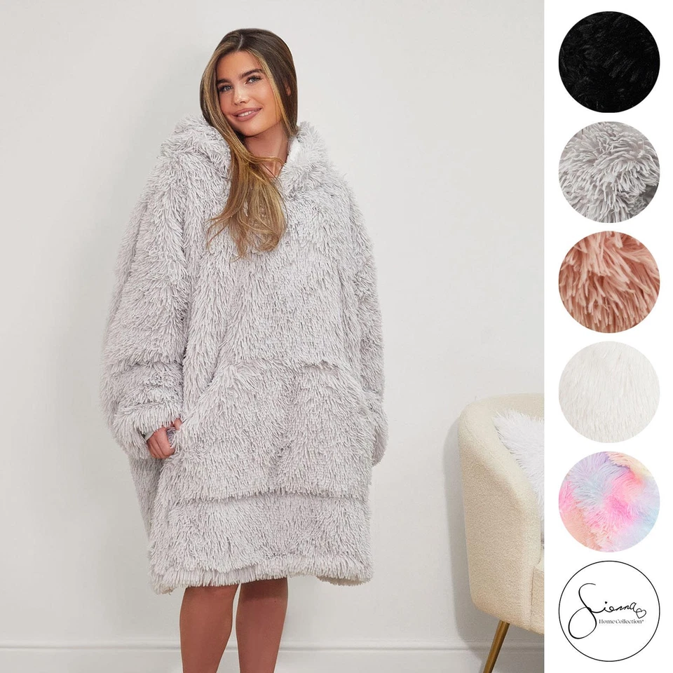 Sienna Fluffy Shaggy Hoodie Blanket Oversize Sherpa Plush Fleece Warm Soft Throw