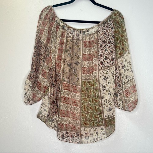 Zara Off The Shoulder Semi sheer Peasant Patchwork Paisley Pattern Blouse Sz L - Picture 2 of 11
