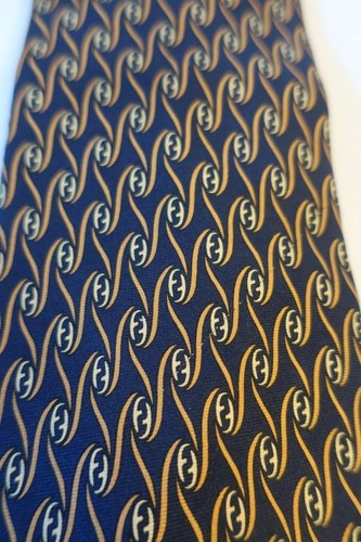Mens Fendi Logo Print Black & Gold Print Tie - Picture 2 of 5