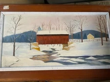 Large Jacquelyn Battle "Covered Bridge In Winter" - Oil Painting - Signed/Framed