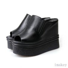 Womens Platform Slippers Peep Toe Wedge High Heel Casual Summer Mules Club Shoes