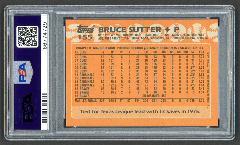 1988 TOPPS BRUCE SUTTER #155 HOF ATLANTA BRAVES PSA 9 MINT - Image 2 of 3