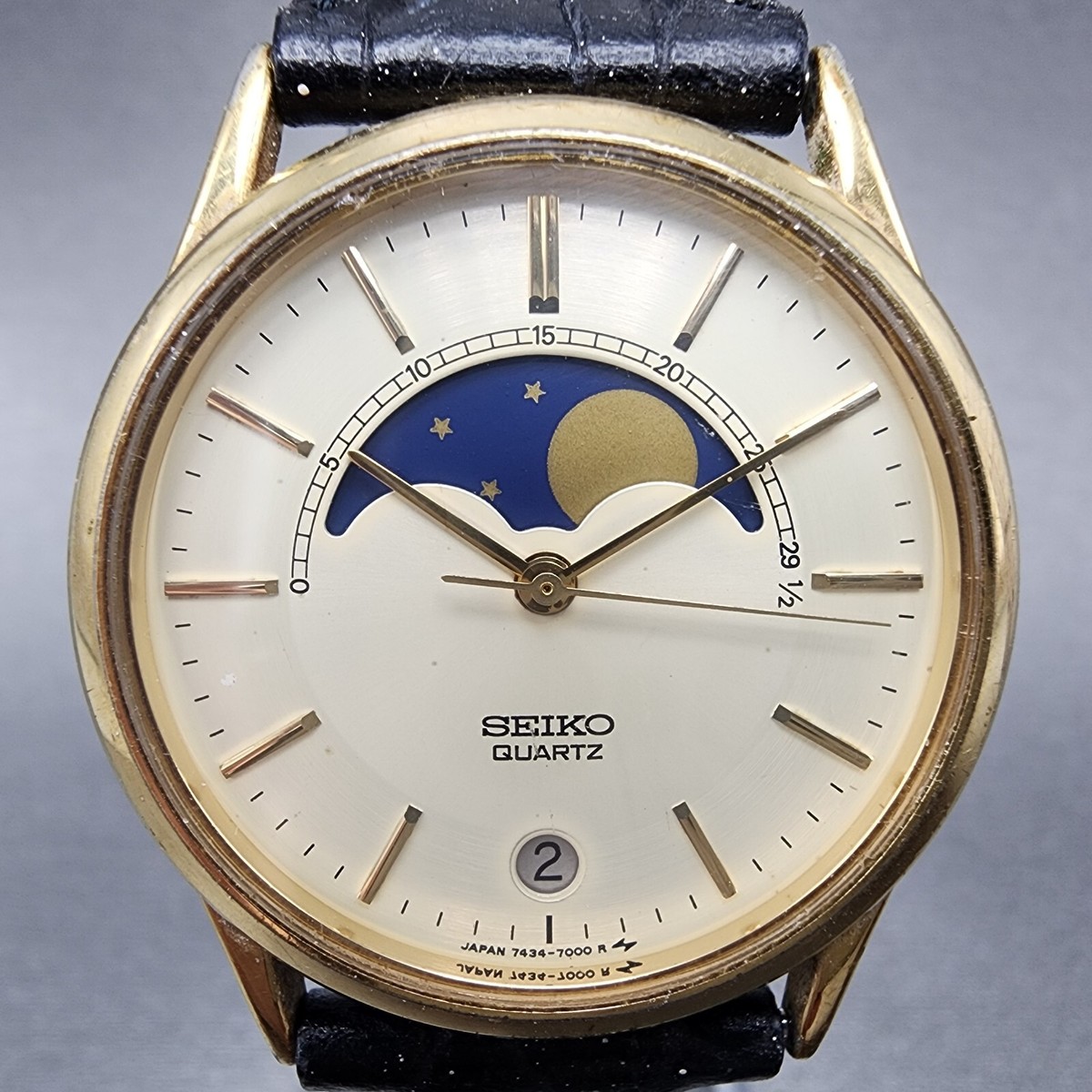 SEIKO 7434-7001 ムーンフェイズ VTG Seiko Moonphase Watch Men 32mm Champagne Dial Gold Tone